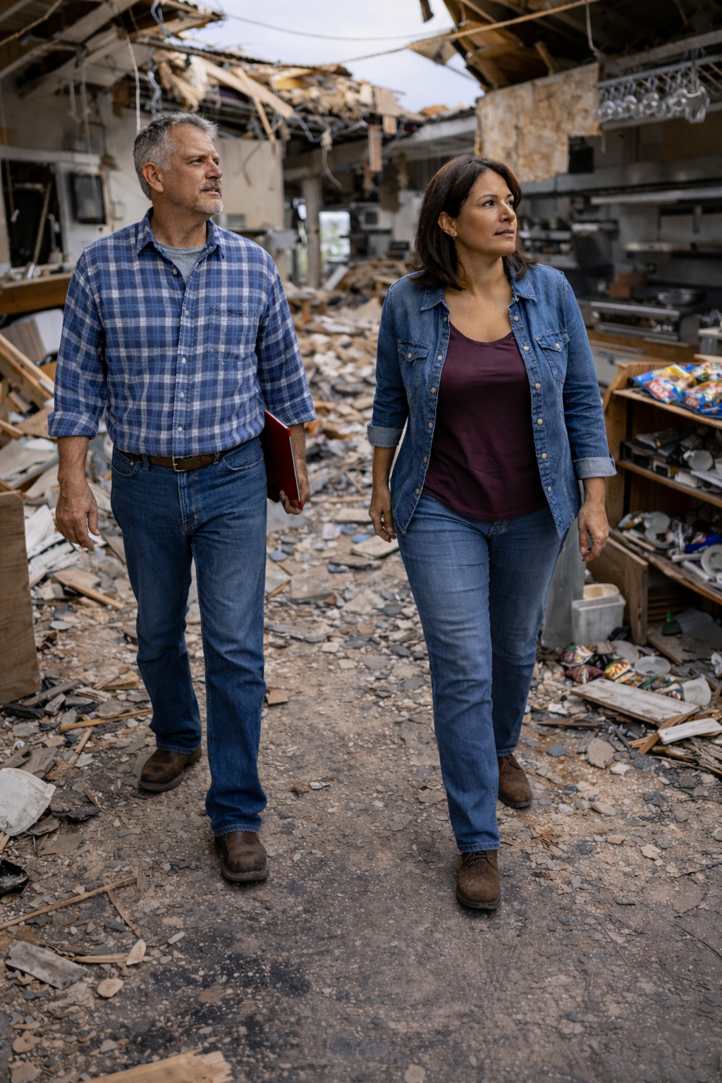 Business owners surveying storm damage inside their business before applying for disaster relief business loans.