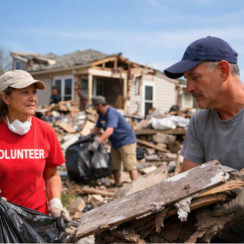 Volunteers removing debris from a destroyed home after a natural disaster, representing recovery and emergency business loan support.