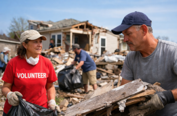 Volunteers removing debris from a destroyed home after a natural disaster, representing recovery and emergency business loan support.