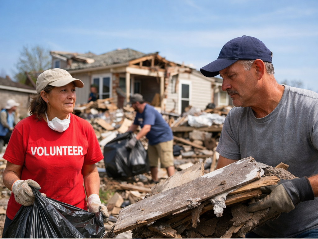 Volunteers removing debris from a destroyed home after a natural disaster, representing recovery and emergency business loan support.