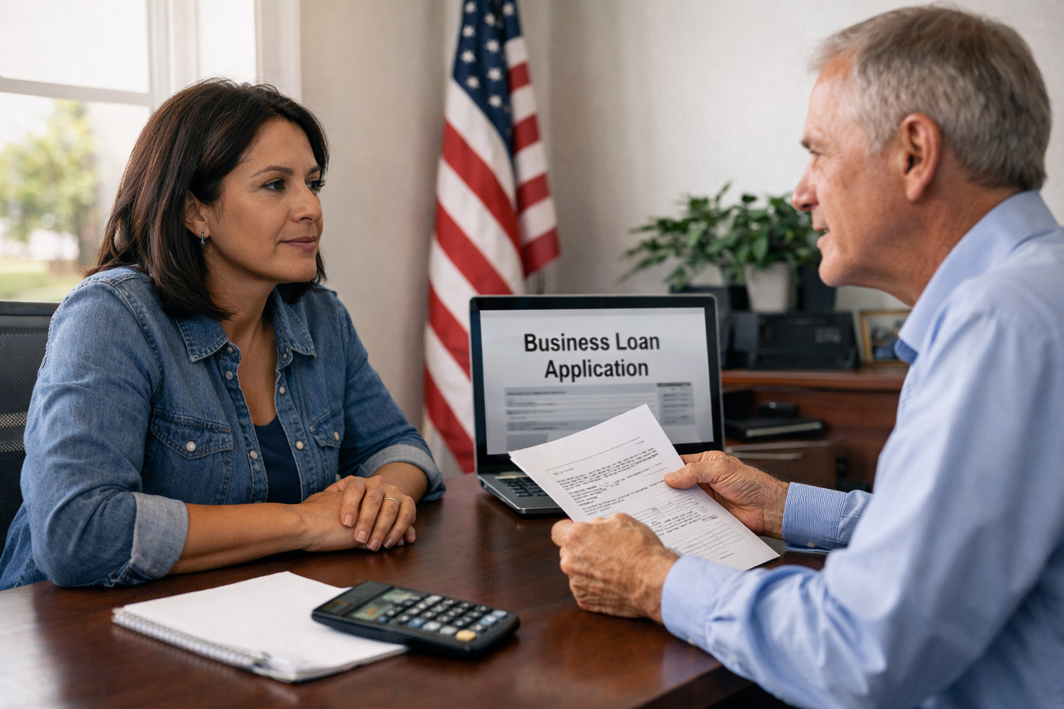 Small business owner meeting with a lender to discuss disaster relief business loan options and recovery financing.