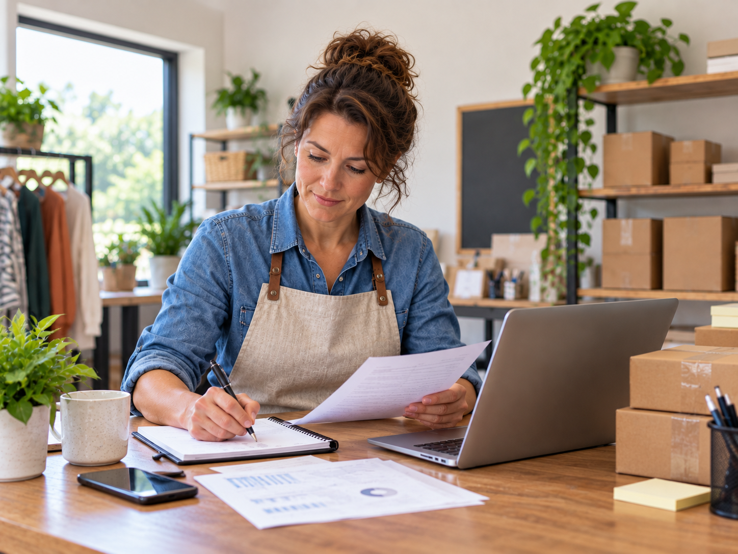 Small business owner planning how to use business loan funds for her company