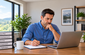 Business owner reviewing financial records while preparing a business loan application