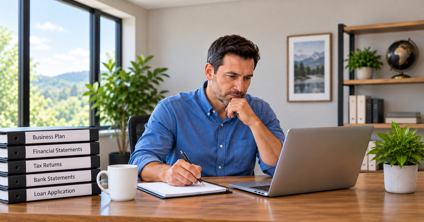 Business owner reviewing financial records while preparing a business loan application