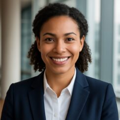 Professional businesswoman smiling confidently in a modern office environment, representing women entrepreneurs achieving fair business loan opportunities.