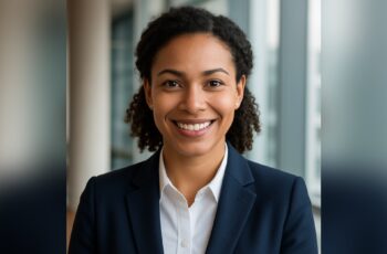 Professional businesswoman smiling confidently in a modern office environment, representing women entrepreneurs achieving fair business loan opportunities.