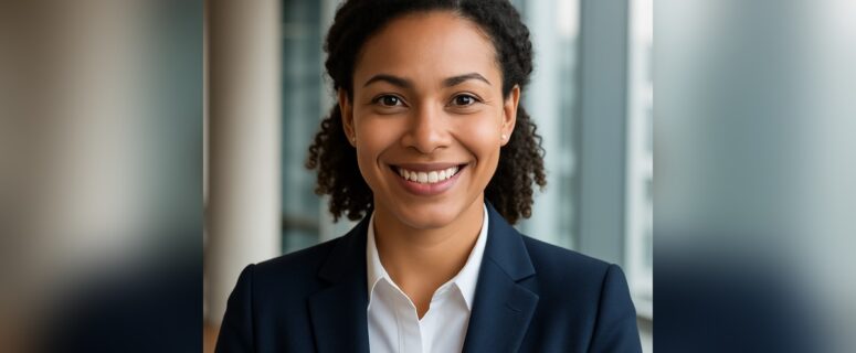 Professional businesswoman smiling confidently in a modern office environment, representing women entrepreneurs achieving fair business loan opportunities.