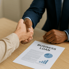 photo of small business owner consulting with a banker about loan options in a professional office setting.