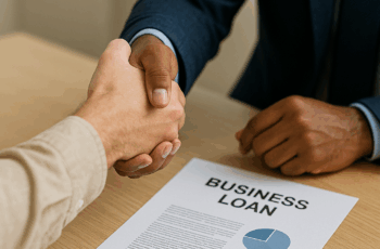 photo of small business owner consulting with a banker about loan options in a professional office setting.