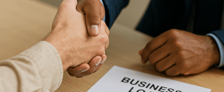 photo of small business owner consulting with a banker about loan options in a professional office setting.