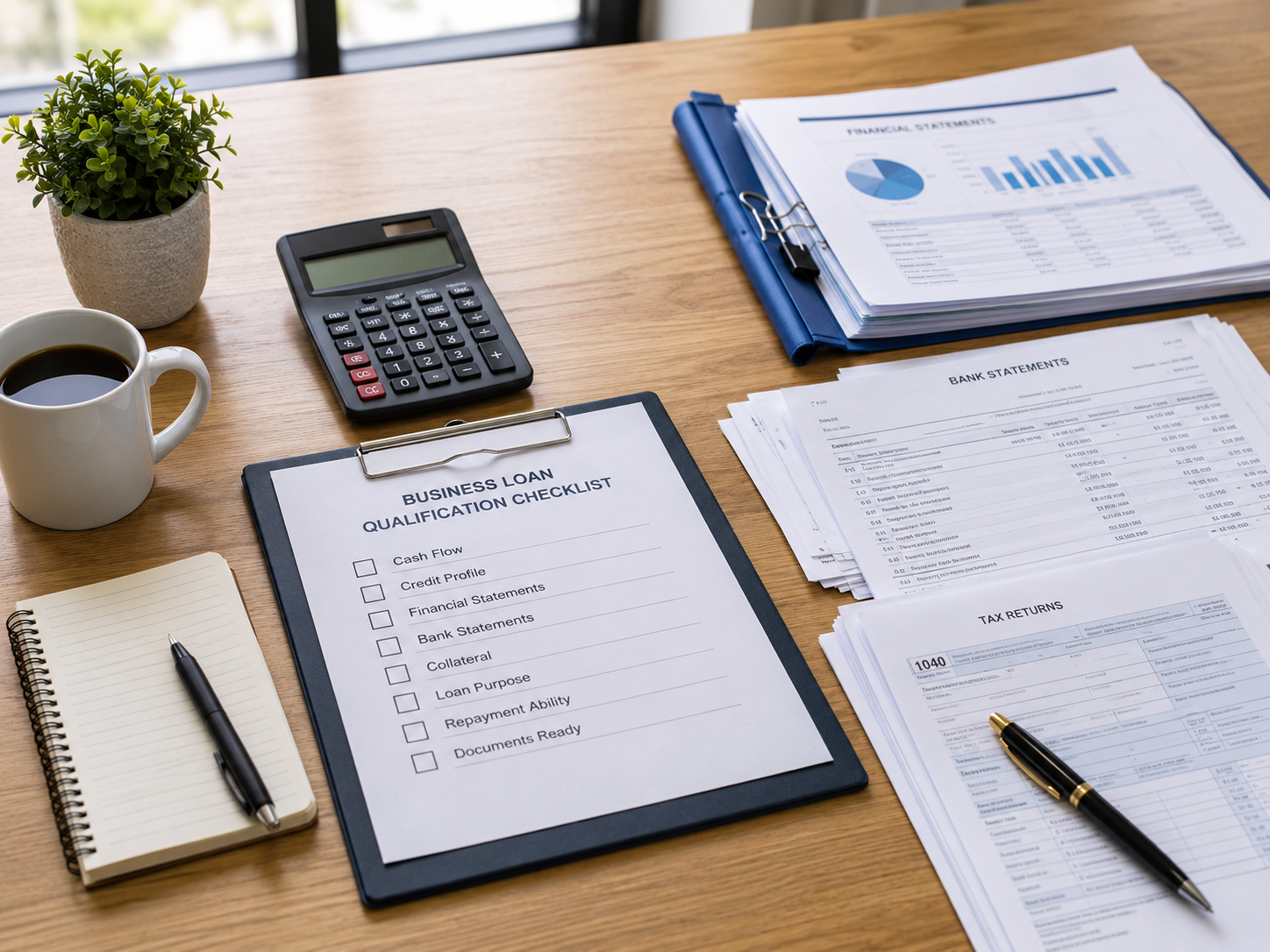 Business loan qualification checklist with financial documents