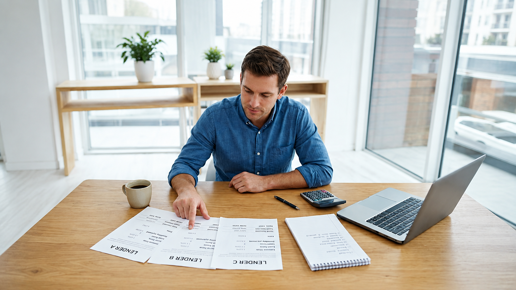 Business owner comparing three lender offers, loan terms, fees, and repayment costs before choosing business financing.