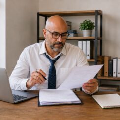 Business owner reviewing documents to qualify for a business loan