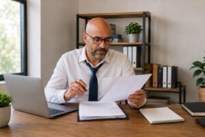 Business owner reviewing documents to qualify for a business loan