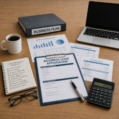 Organized desk with a business loan application, financial statements, calculator, laptop, and bookkeeping checklist for preparing a strong business loan application.