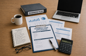 Organized desk with a business loan application, financial statements, calculator, laptop, and bookkeeping checklist for preparing a strong business loan application.