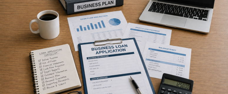 Organized desk with a business loan application, financial statements, calculator, laptop, and bookkeeping checklist for preparing a strong business loan application.