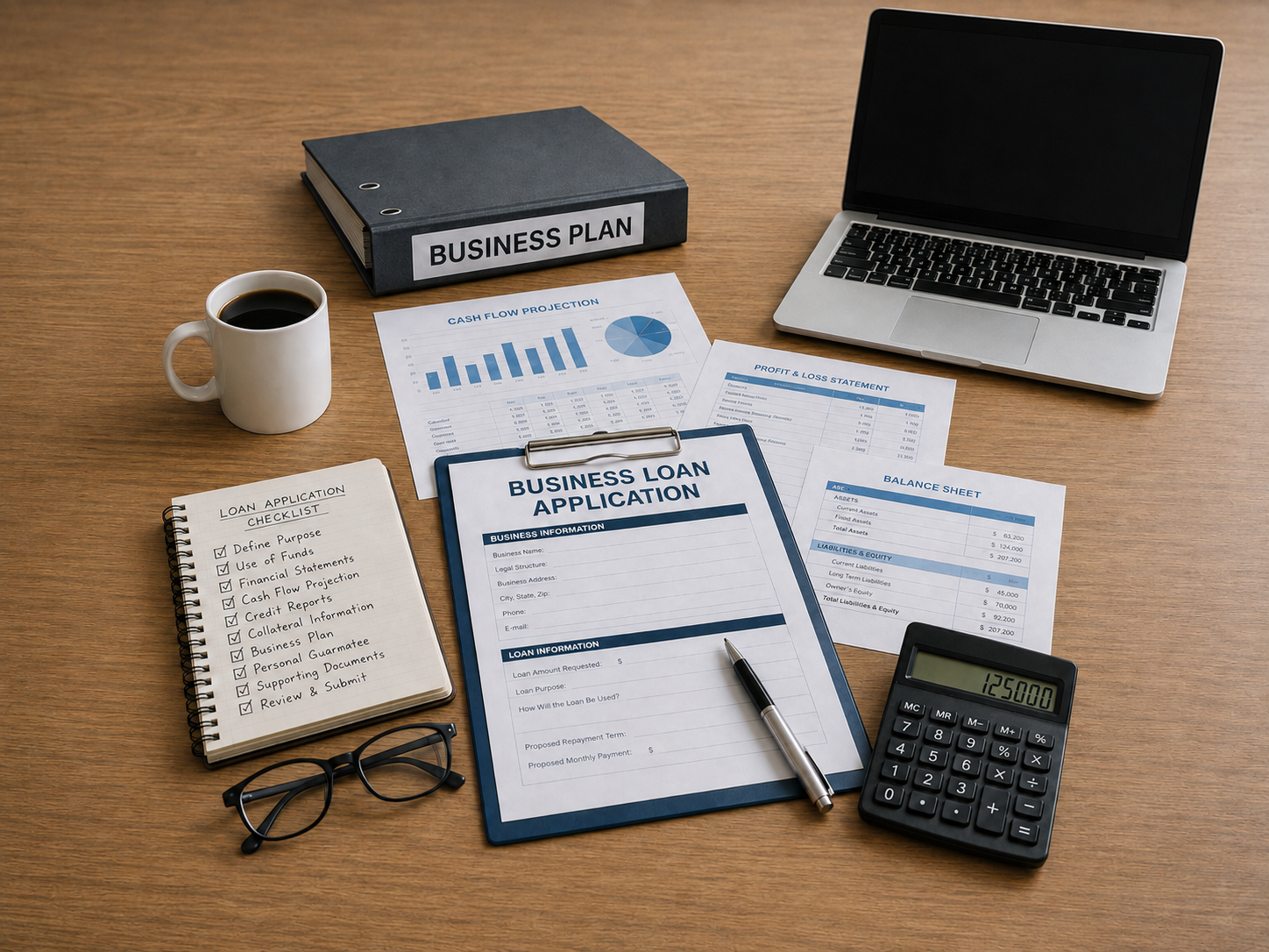 Organized desk with a business loan application, financial statements, calculator, laptop, and bookkeeping checklist for preparing a strong business loan application.