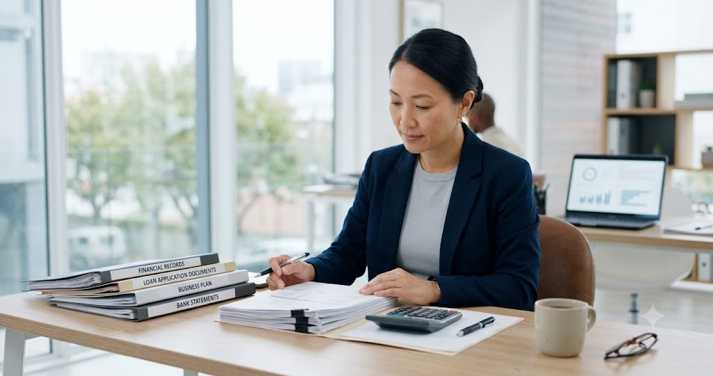 Business owner preparing loan application documents before applying for a small business loan
