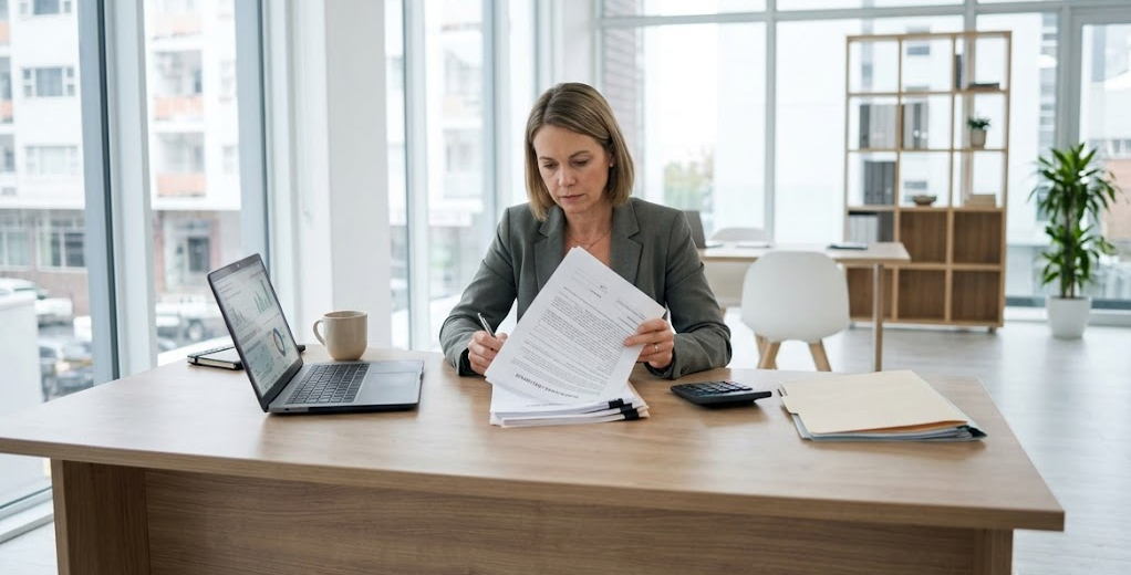 Business owner reviewing loan terms before signing