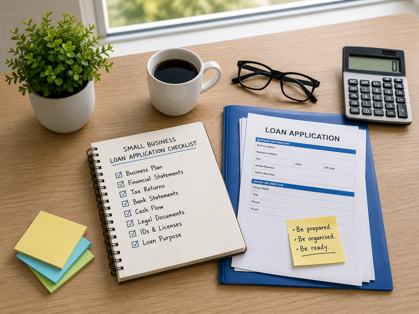 Small business loan application checklist with documents and calculator