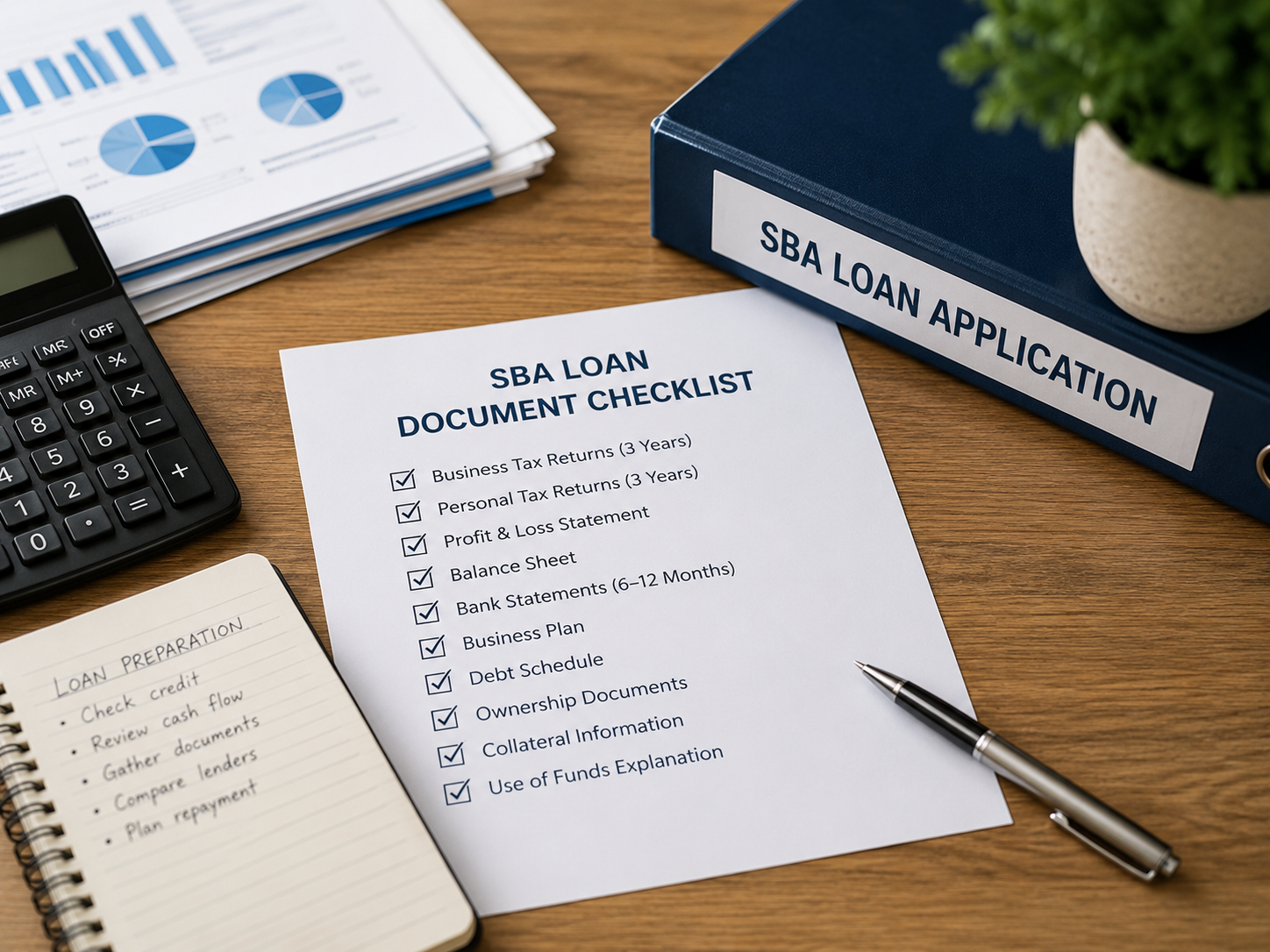 SBA loan document checklist with financial records and calculator