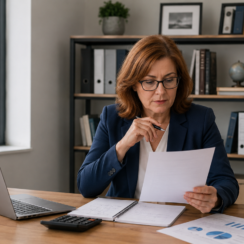 Businesswoman reviewing SBA loan qualification documents before applying