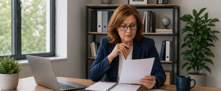 Businesswoman reviewing loan options before applying