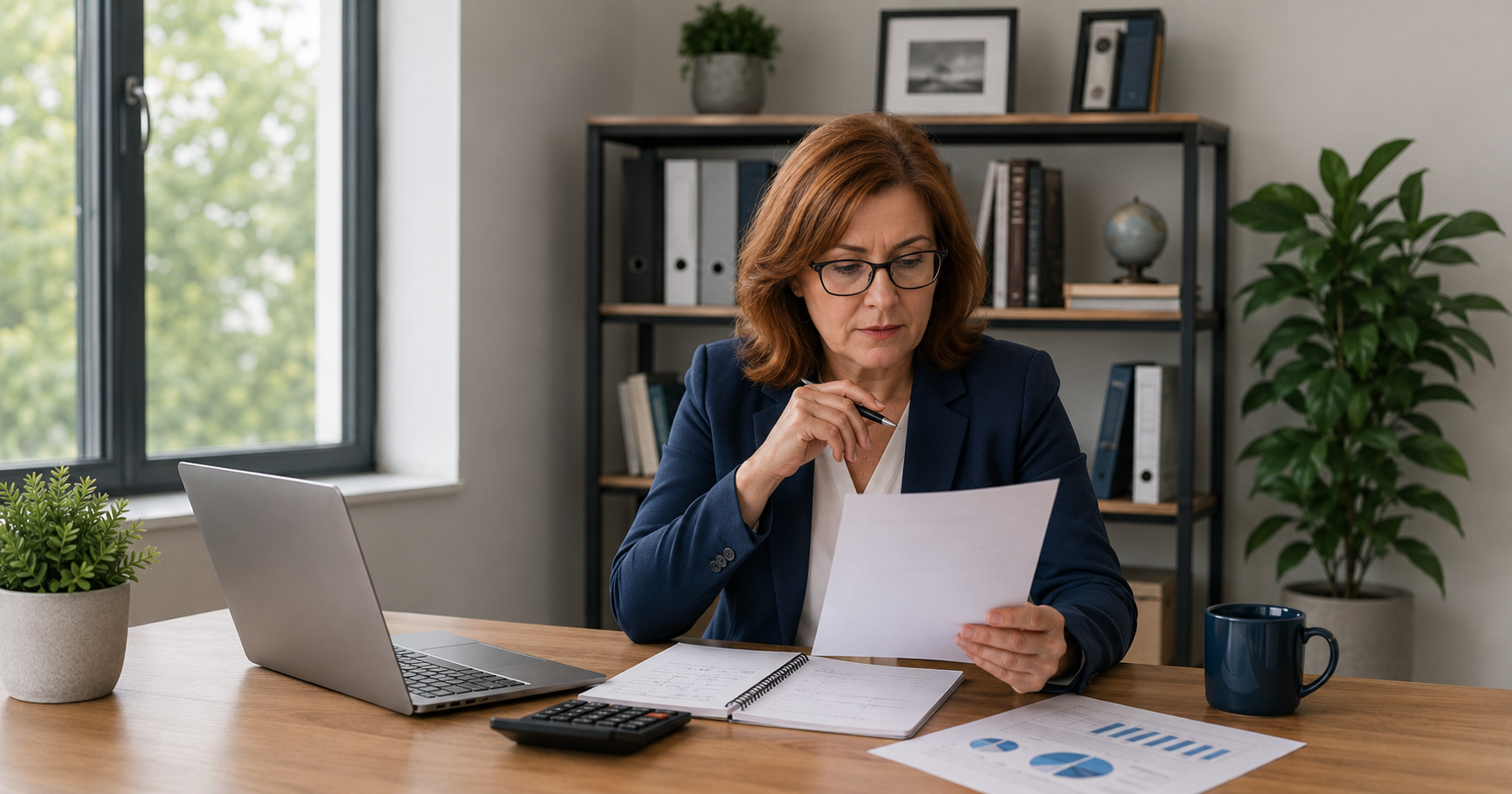 Businesswoman reviewing SBA loan qualification documents before applying
