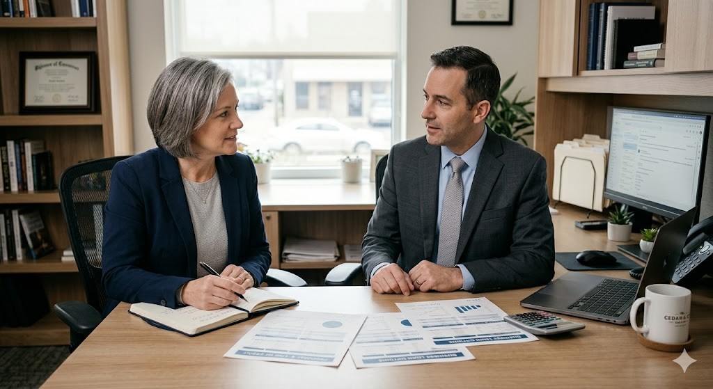 Small business owner meeting with a business lender to review loan terms before applying.