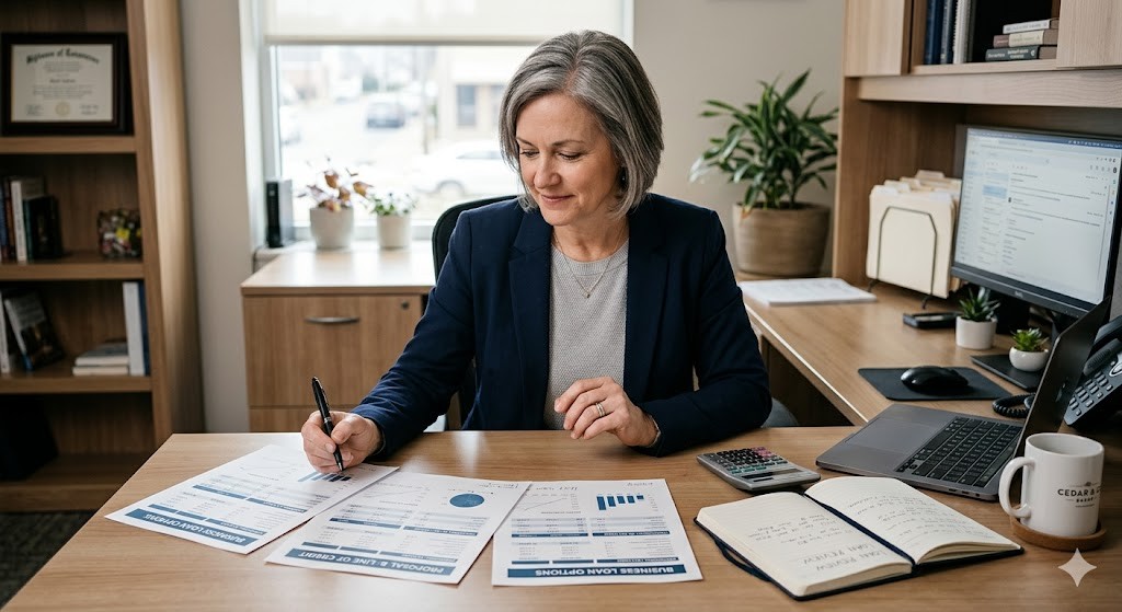 Small business owner reviewing loan comparison documents before choosing the right business lender.