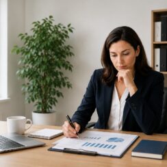 Businesswoman reviewing loan documents at a desk while choosing the right business lender before applying.