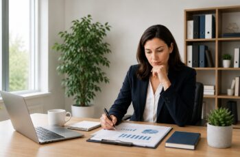 Businesswoman reviewing loan documents at a desk while choosing the right business lender before applying.
