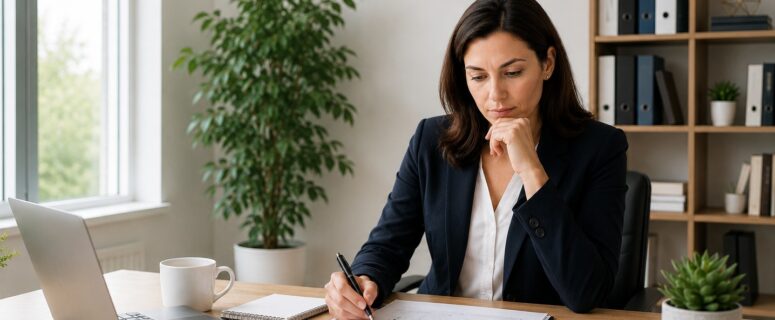Businesswoman reviewing loan documents at a desk while choosing the right business lender before applying.