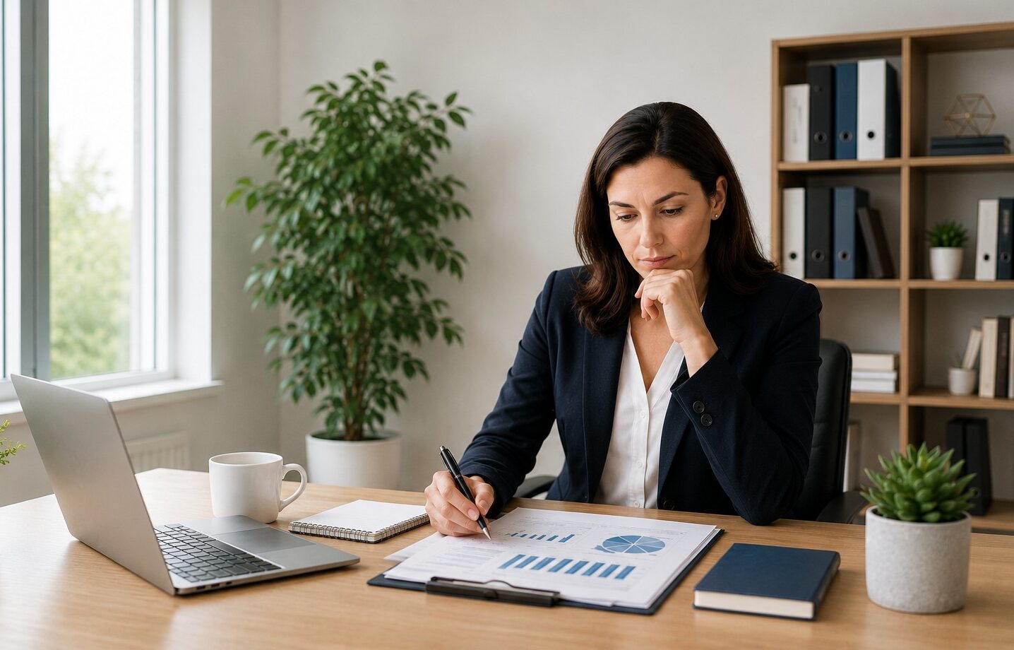 Businesswoman reviewing loan documents at a desk while choosing the right business lender before applying.