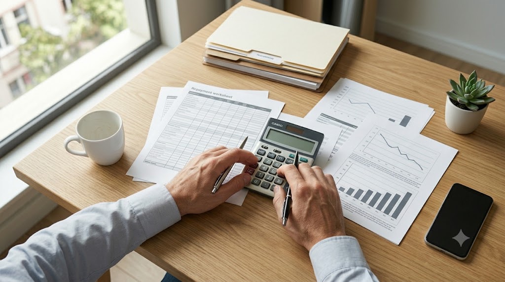 Business owner using a calculator to review repayment worksheets and plan small business loan payments.