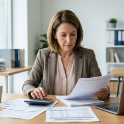 Business owner using a calculator to review loan repayment documents and plan small business cash flow.