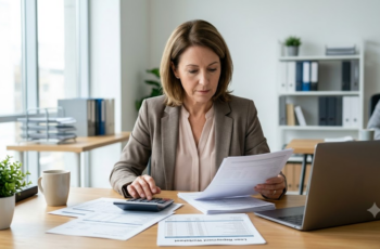 Business owner using a calculator to review loan repayment documents and plan small business cash flow.