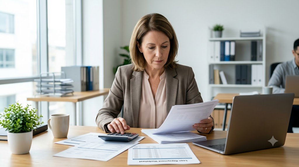 Business owner using a calculator to review loan repayment documents and plan small business cash flow.