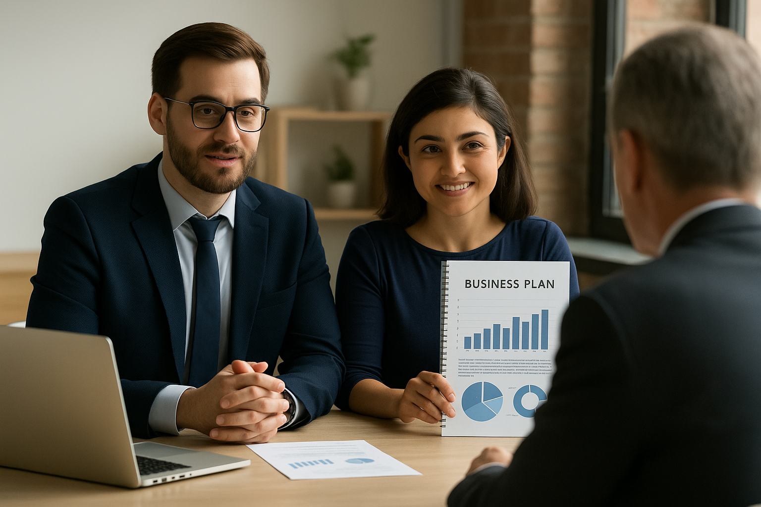 “Entrepreneurs presenting a business plan to a lender with charts and graphs”
