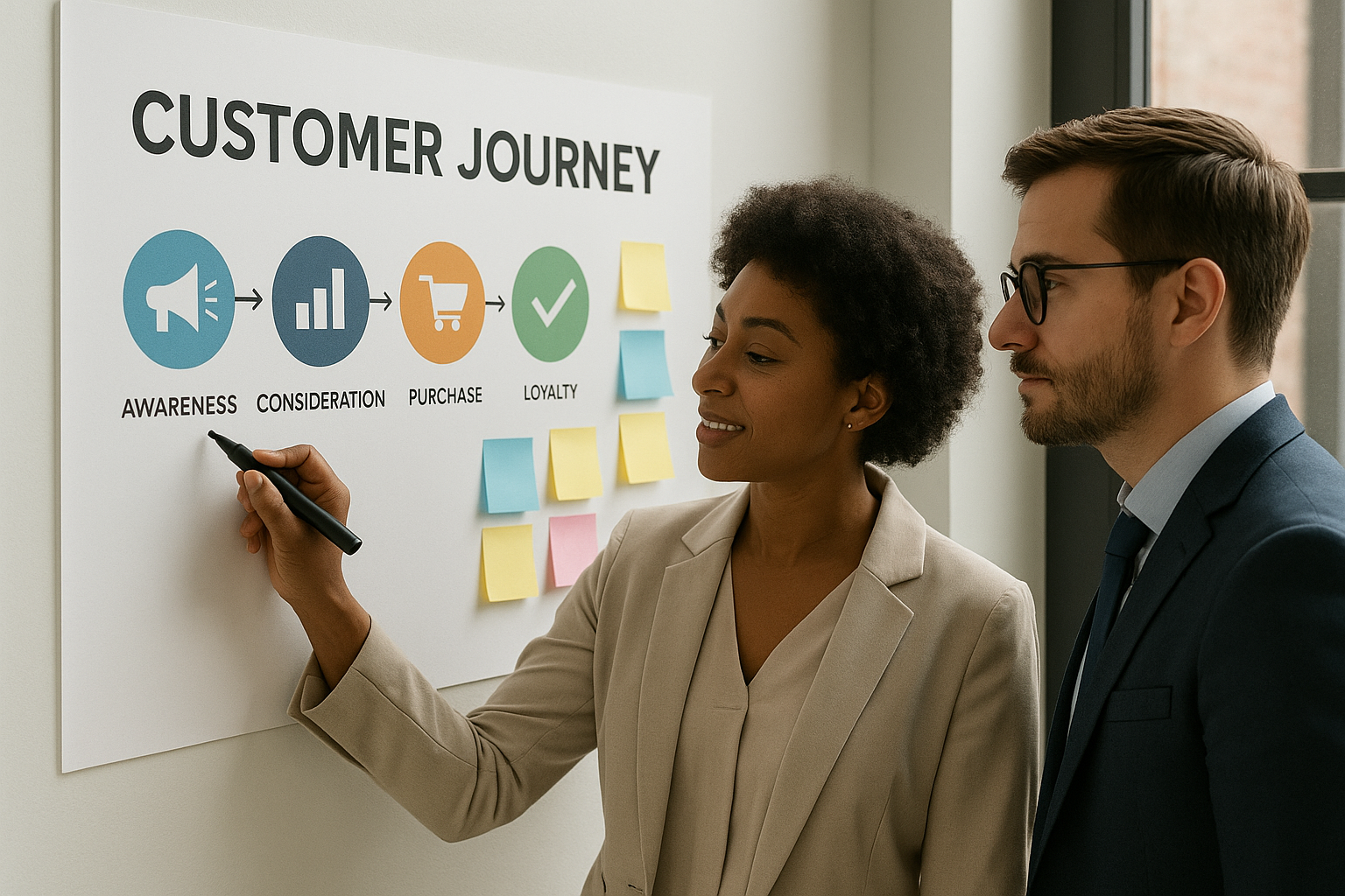 “Business professionals mapping customer journey stages on a planning board”