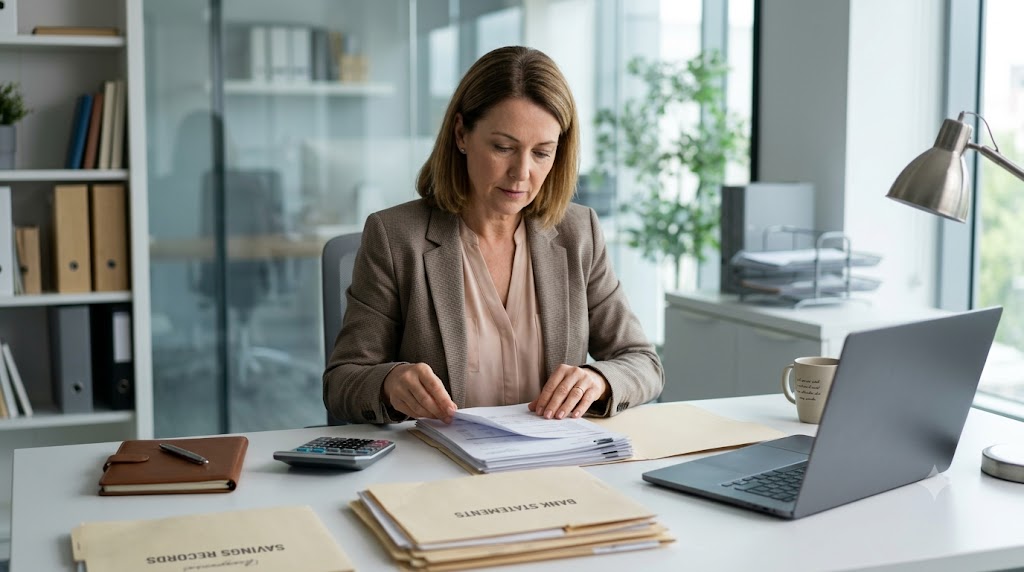 Business owner reviewing savings records and bank statements that may support collateral for a small business loan.