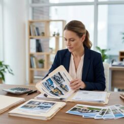 Business owner reviewing collateral documents and asset records for a small business loan application.