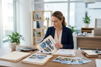 Business owner reviewing collateral documents and asset records for a small business loan application.