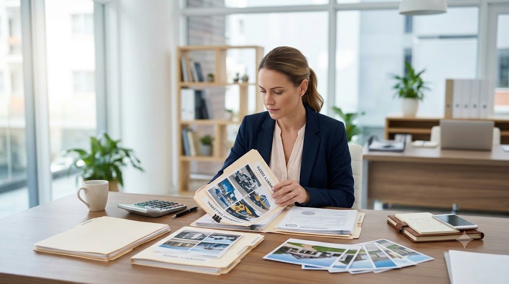 Business owner reviewing collateral documents and asset records for a small business loan application.