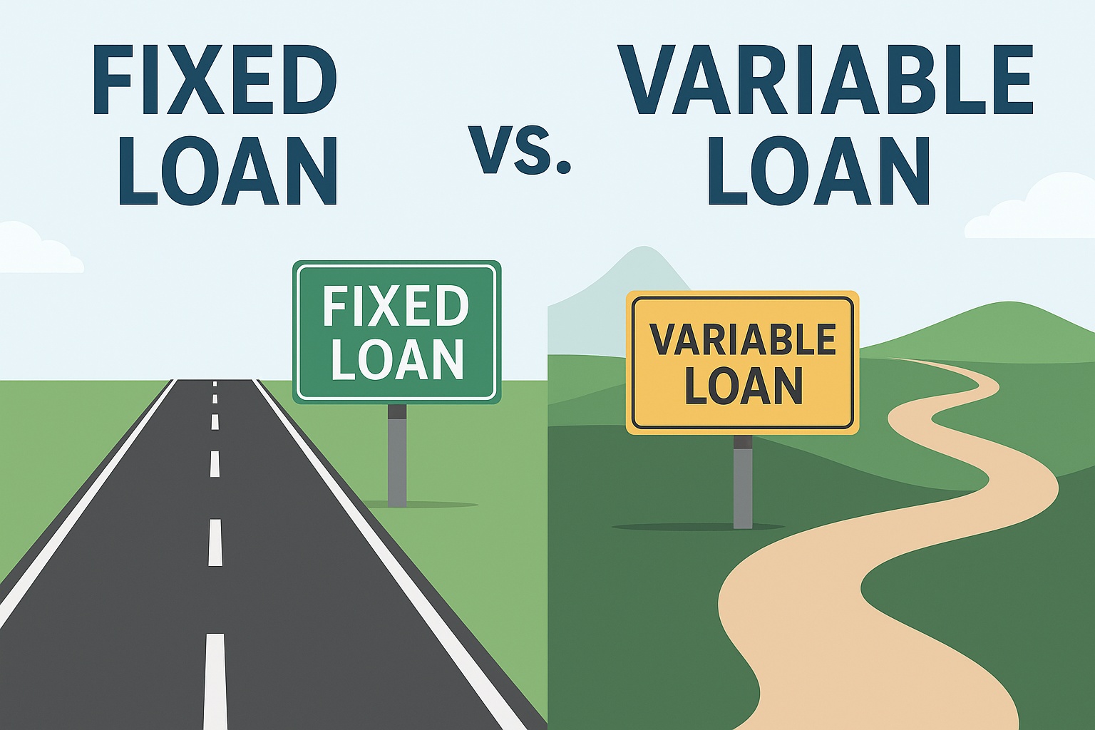 Illustration showing fixed loan as a straight road and variable loan as a winding road, symbolizing stability versus risk.