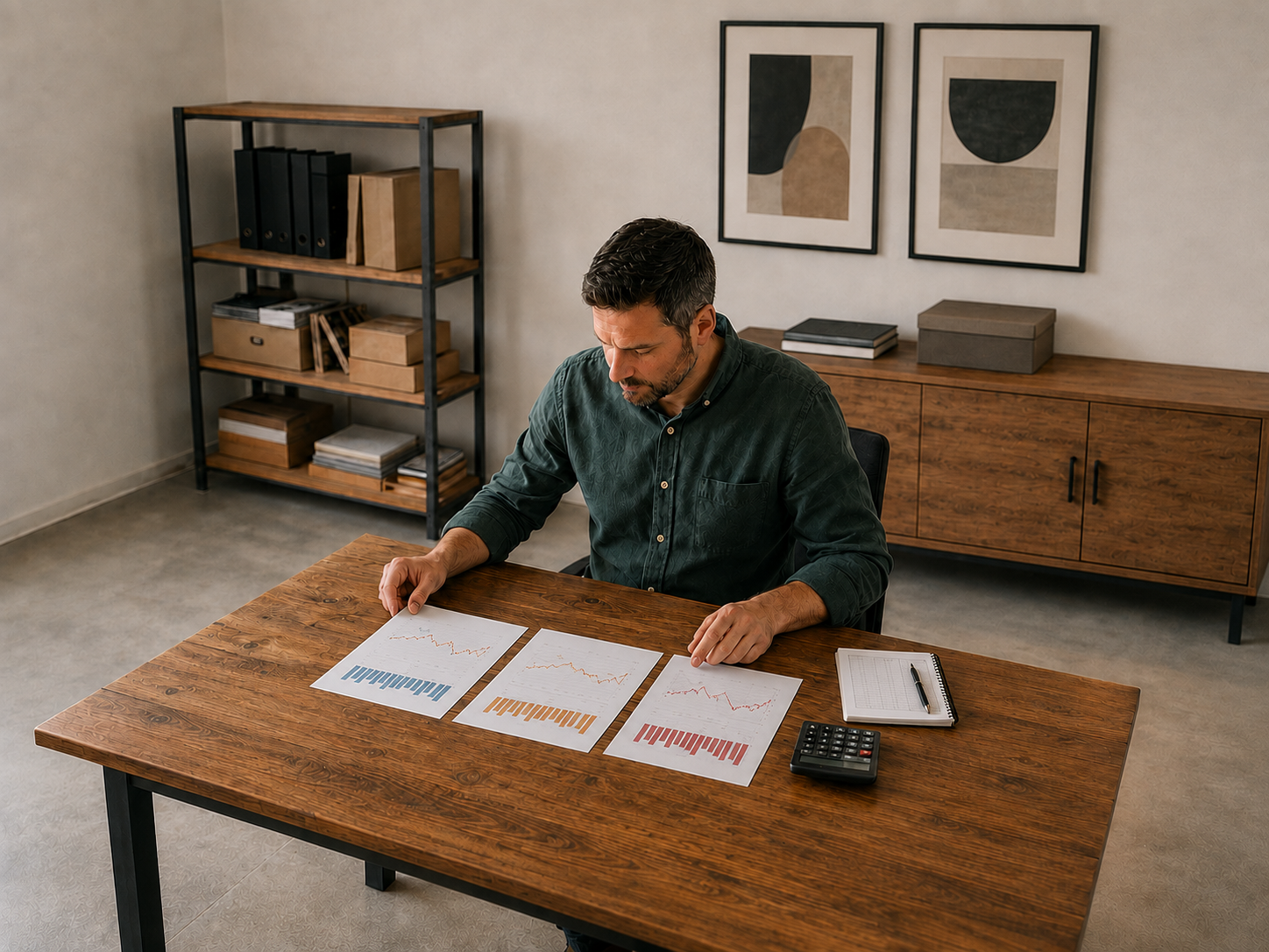 Small business owner reviewing three cash-flow scenarios and a loan payment schedule in his office
