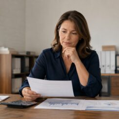 Small business owner reviewing a loan proposal, cash-flow forecast, and repayment calculations