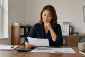 Small business owner reviewing a loan proposal, cash-flow forecast, and repayment calculations