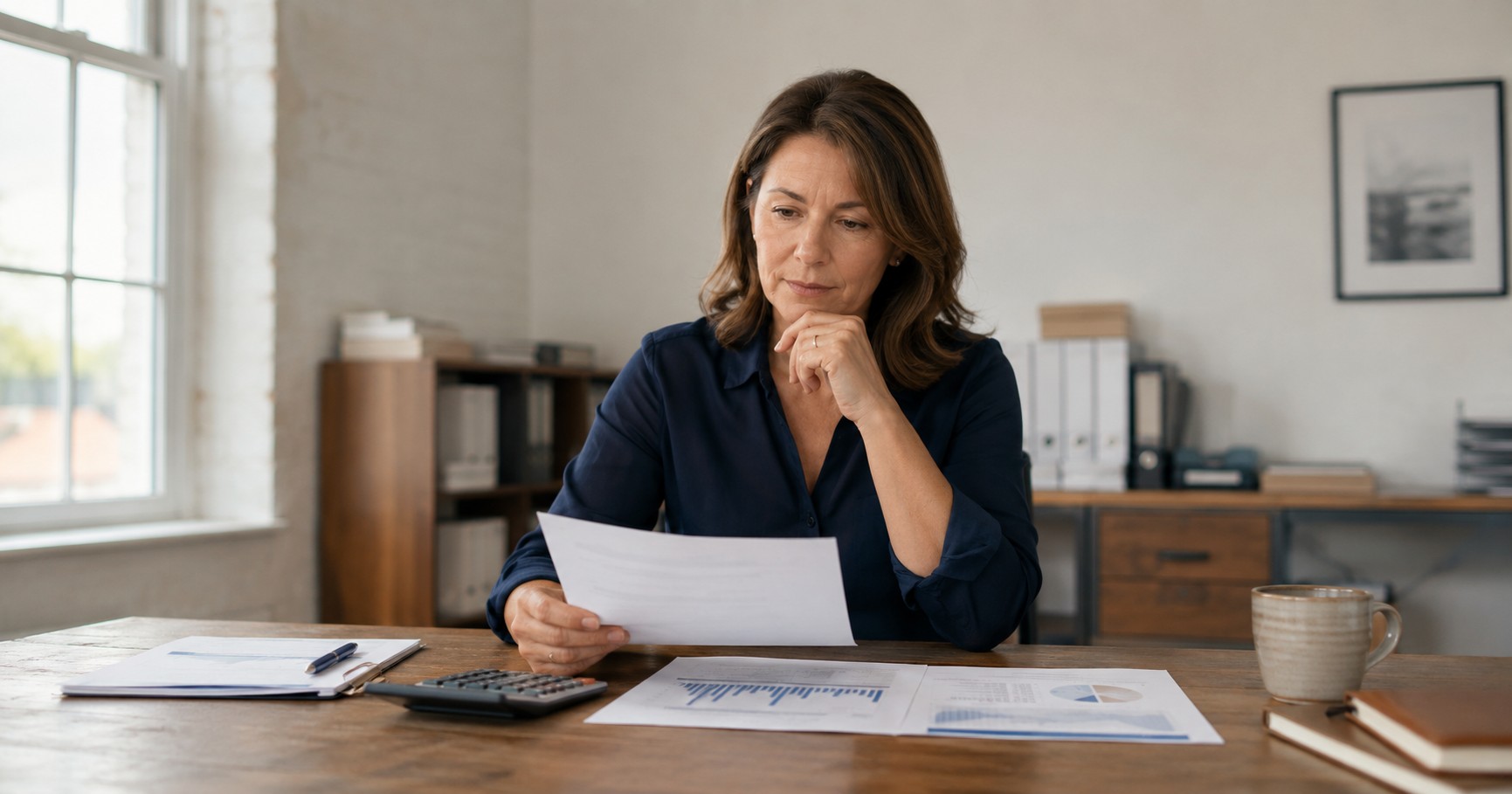 Small business owner reviewing a loan proposal, cash-flow forecast, and repayment calculations